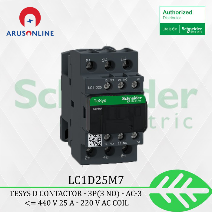 LC1D25M7 - CONTACTOR SCHNEIDER 25A AC3 11KW 1NO 1NC 220VAC COIL - Arus ...